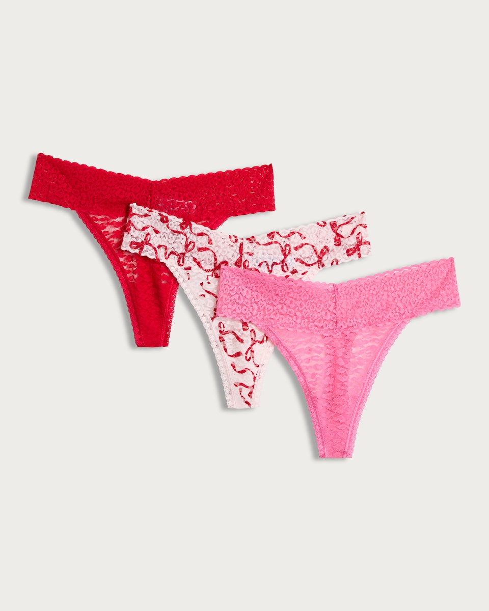 image 1 of F&F 3-Pack Patterned Lace Thongs in Multi