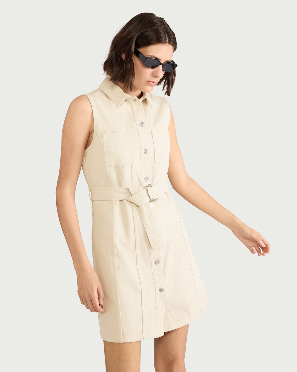 image 1 of F&F Pure Cotton Belted Shirt Denim Dress in Cream