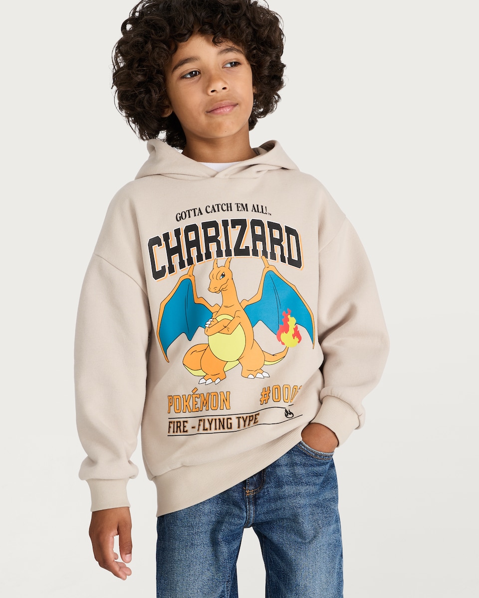 image 1 of Pokemon Charizard Cotton Rich Hoodie in Stone