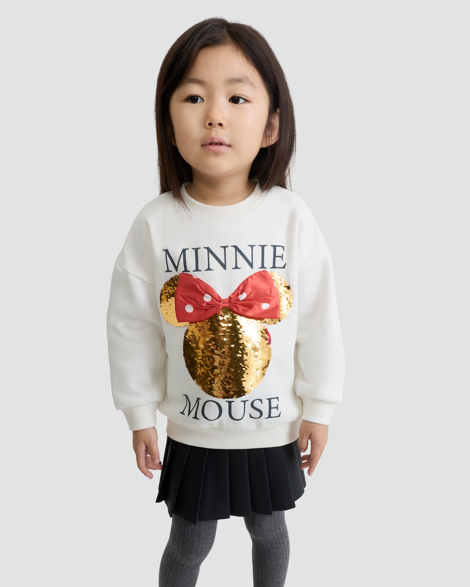image 1 of Disney Minnie Mouse Cotton Rich Sequin Embellished Sweatshirt in Cream