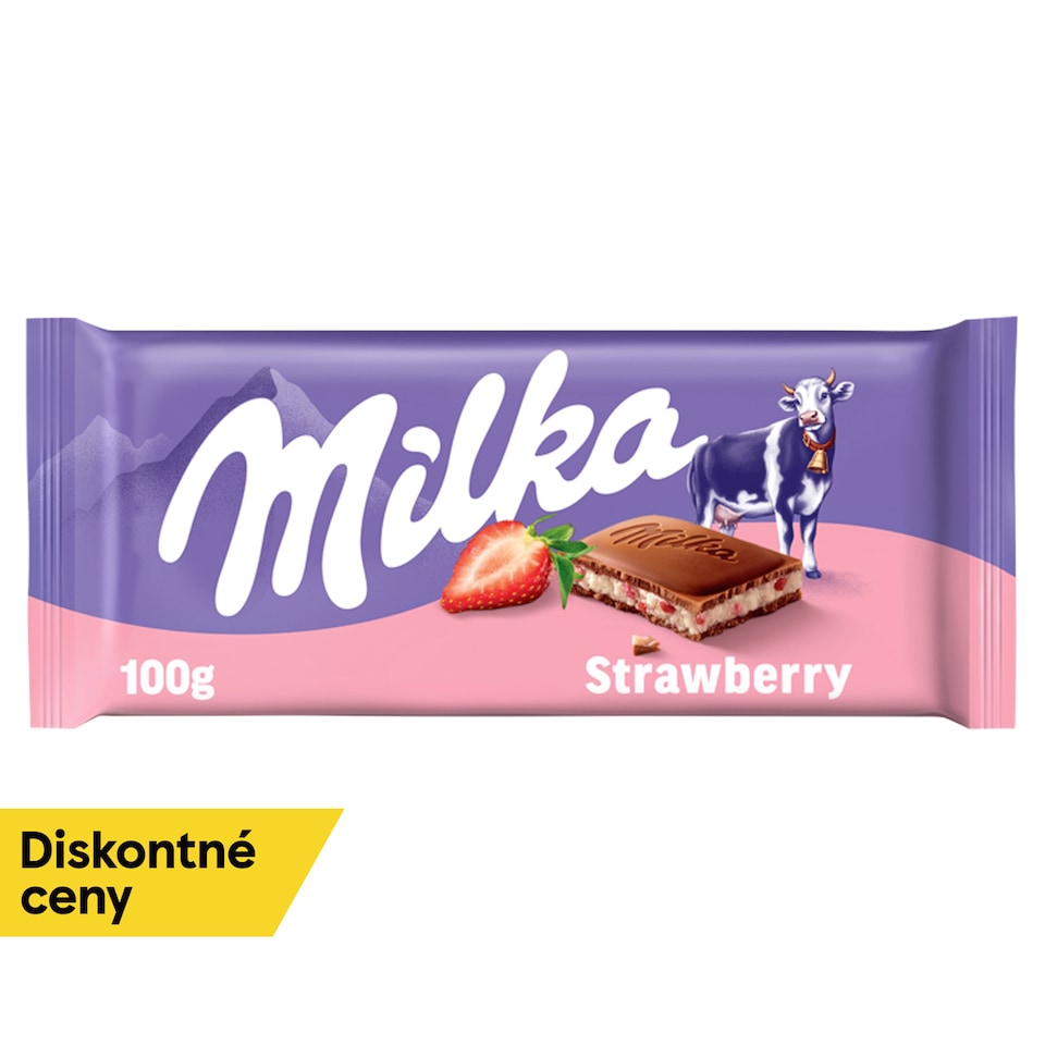 obrázok 1 z Milka Strawberry mliečna čokoláda z alpského mlieka s krémovou náplňou s jahodovou príchuťou 100 g