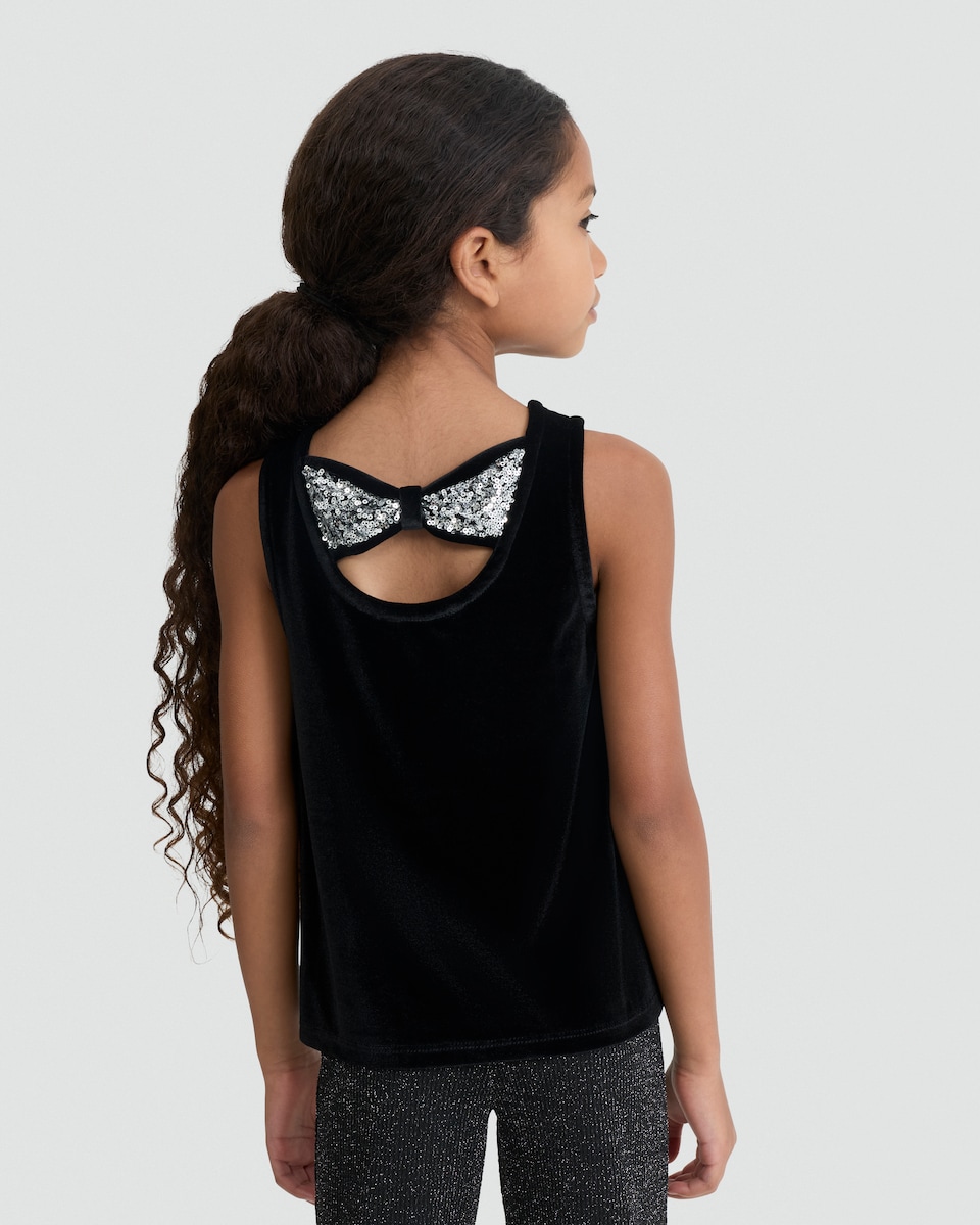 image 1 of F&F Girls Velvet Bow Back Top in Black