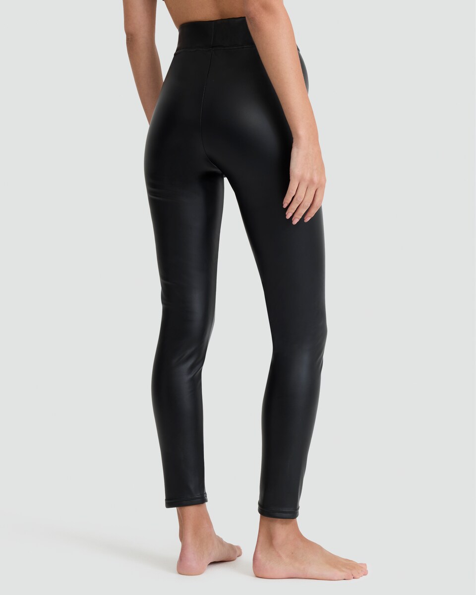 image 1 of F&F Faux Leather Thermal Full Length Footless Tights in Black