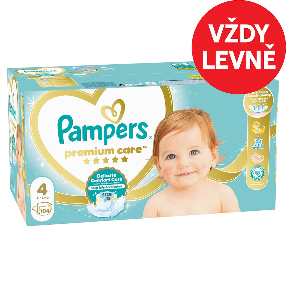 Obrázek 1 pro produkt Pampers Premium Care Velikost 4, 104 Dětské Plenky, 9kg-14kg