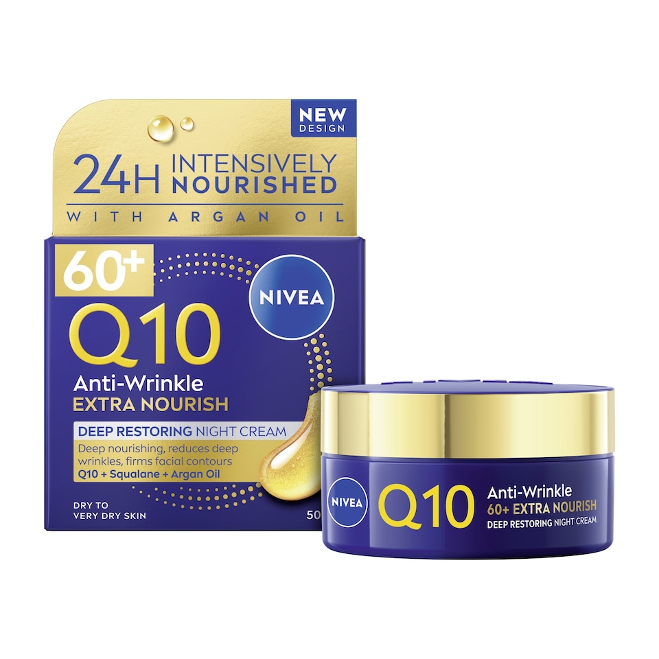 NIVEA Q10 Anti-Wrinkle Night Cream Moisturiser 60+ Skin 50ml 