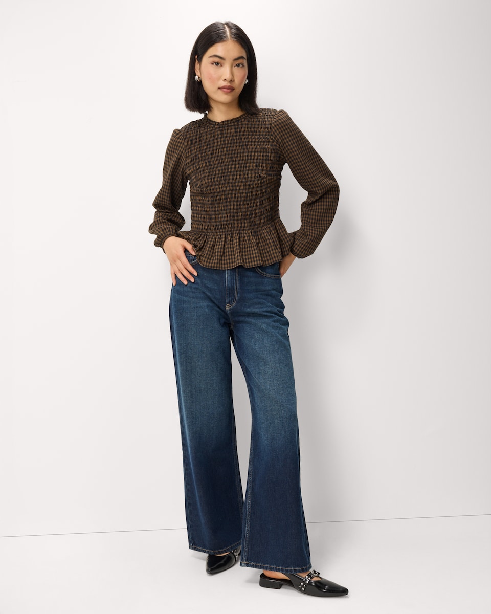 image 1 of F&F Shirred Peplum Top in Multi Brown