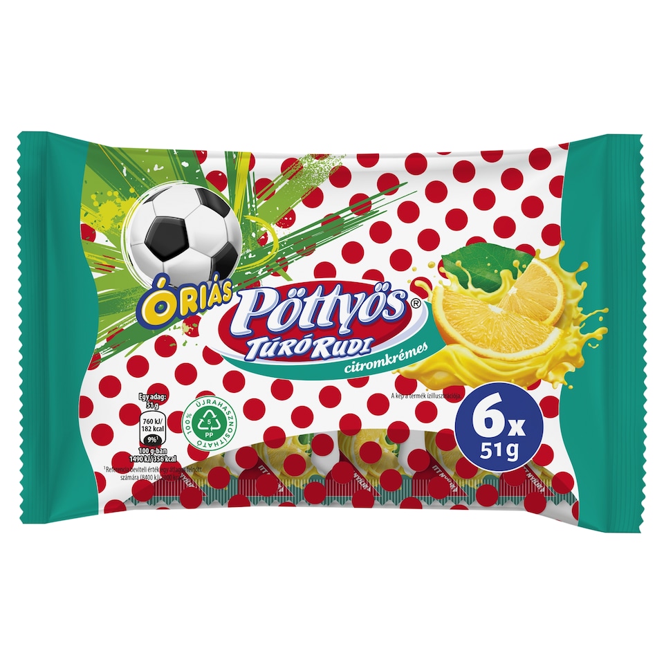 Pöttyös Óriás Túró Rudi Lemon Cream Cottage Cheese Dessert 6 x 51 g (300 g)