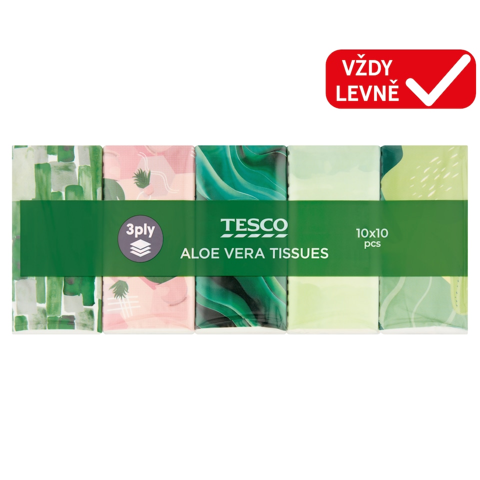 Tesco Papírové kapesníky parfemované aloe vera 3 vrstvy 10 x 10 ks