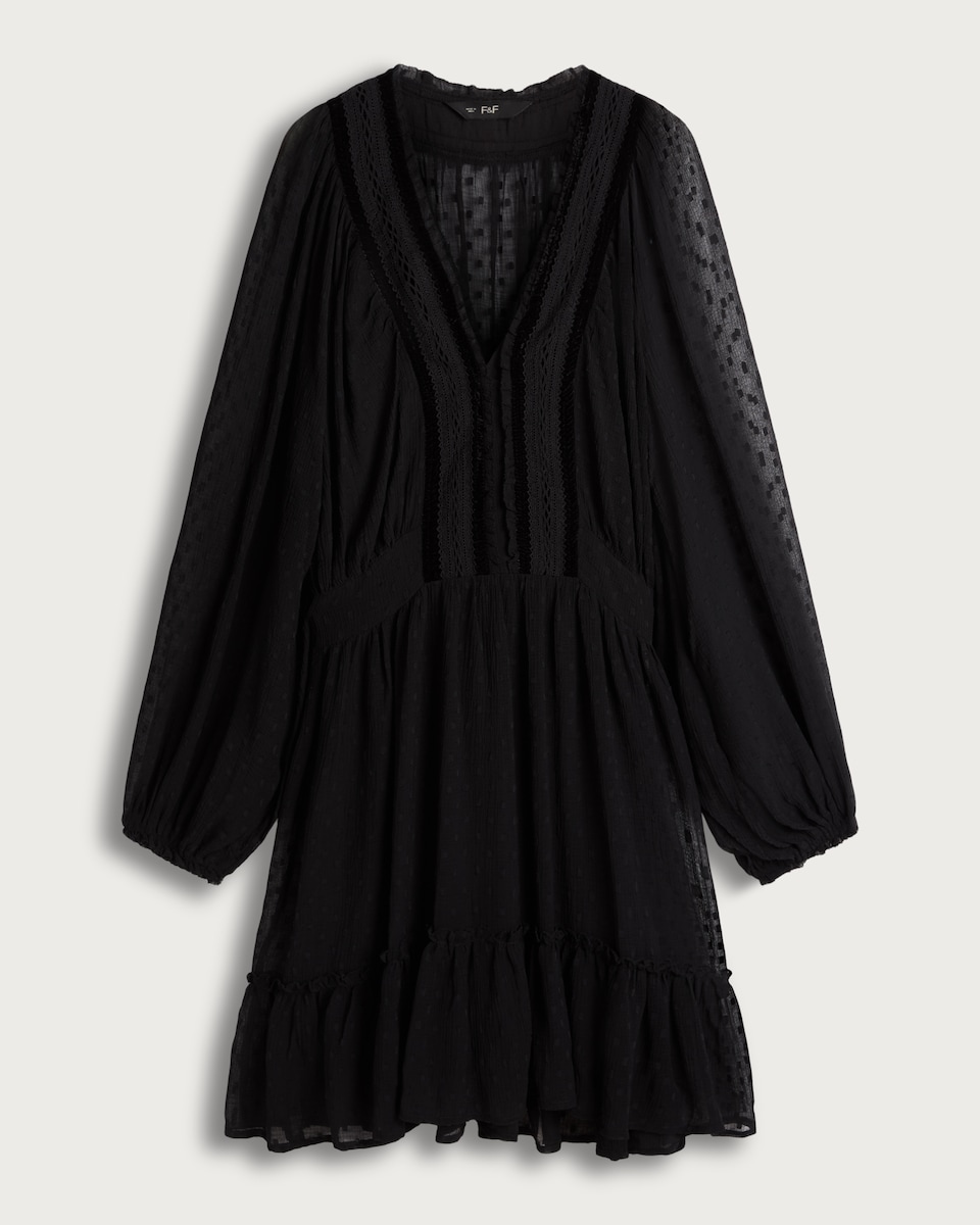 F&F Chiffon Dobby Velvet Long Sleeved Dress in Black
