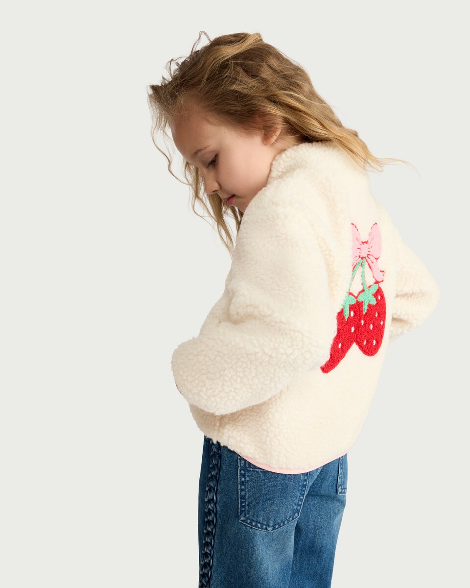 image 1 of F&F Girls Strawberry Fleece Jacket in Cream