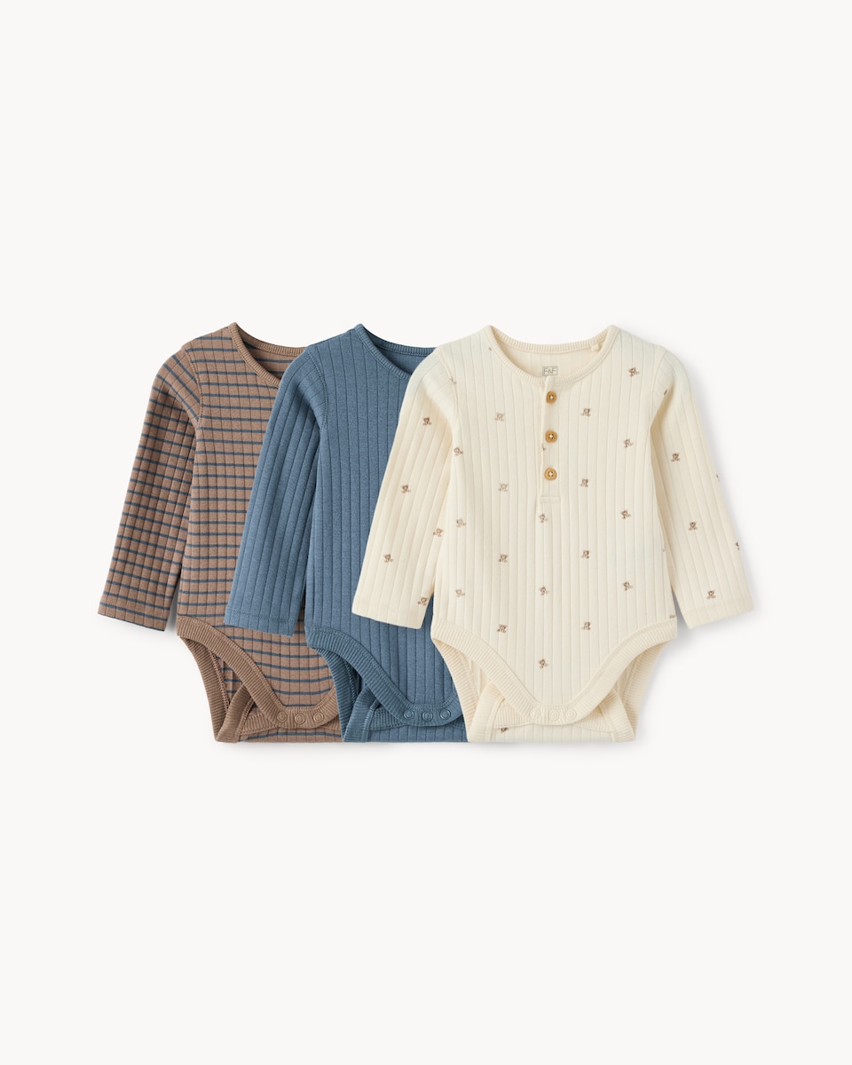 image 1 of F&F Baby 3-Pack Cotton Rich Teddy Bear Long Sleeved Bodysuits in Multi