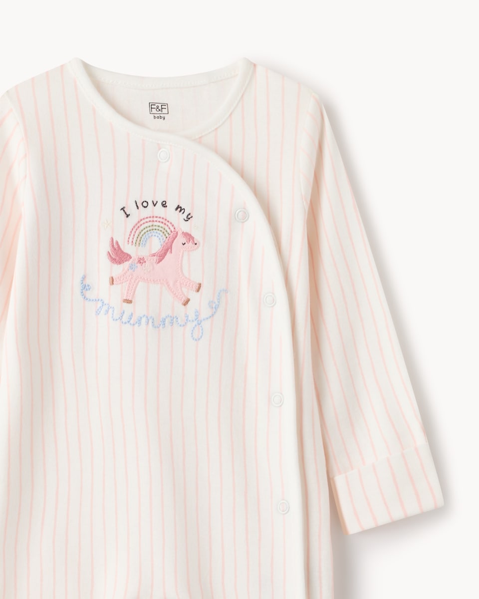 image 1 of F&F Baby Pure Cotton Striped I Love My Mummy Sleepsuit in White