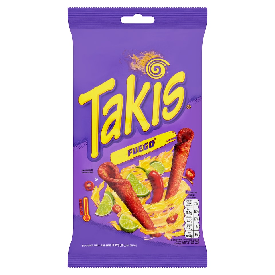 Takis Fuego Corn Snacks with Chilli & Lime Flavoured Seasoning 100g