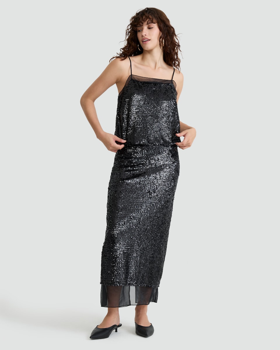 image 1 of The F&F Edit Organza Trim Sequin Embellished Co-ord Midi Skirt in Black