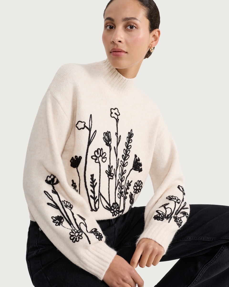 image 1 of F&F Textured Floral Embroidered Jumper in Cream
