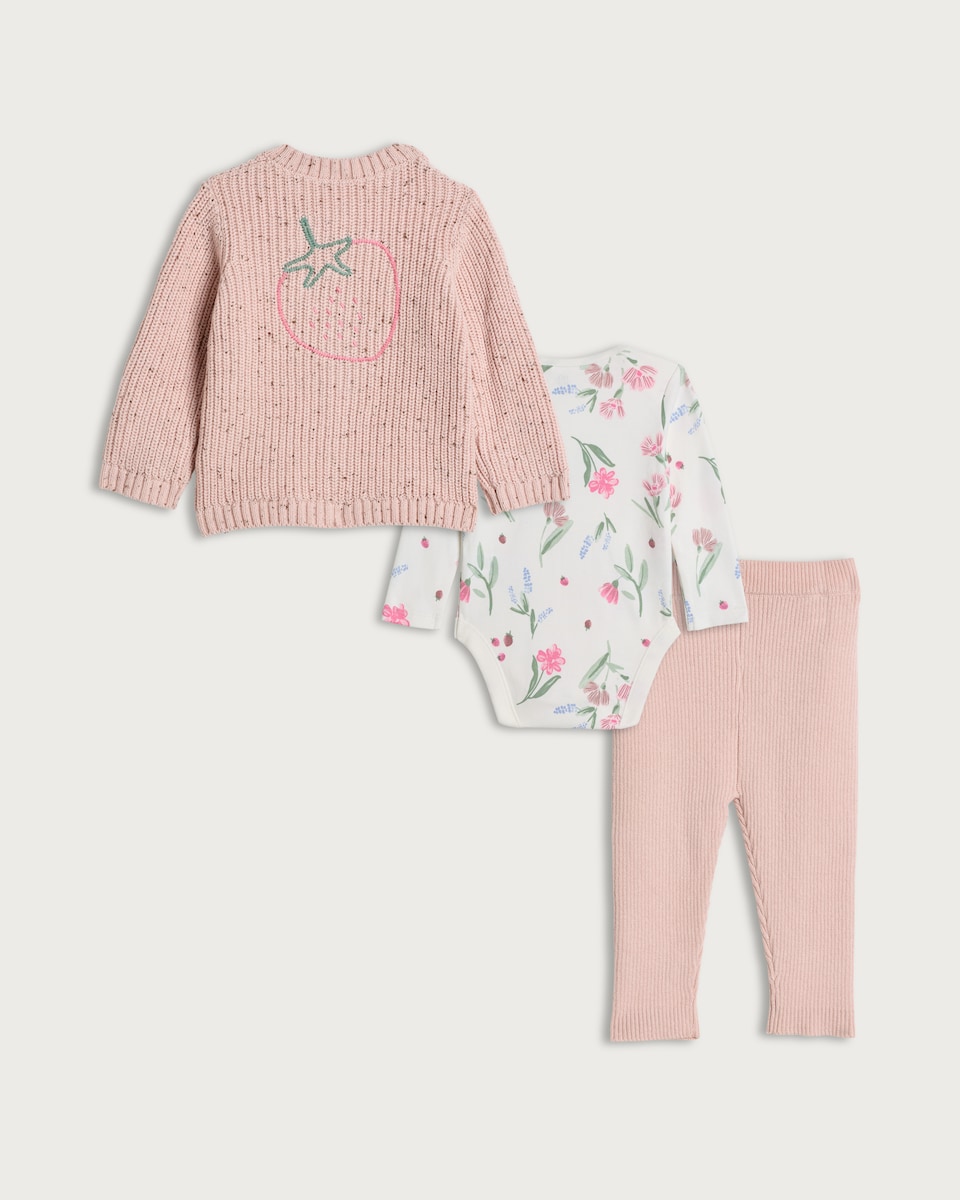 image 1 of F&F Baby 3-Piece Cotton Rich Cardigan, Bodysuit and Leggings Set in Pink