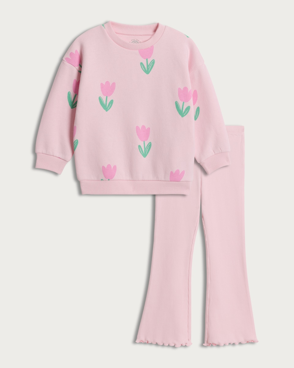 image 1 of F&F Girls Cotton Rich Tulip Print Sweatshirt and Leggings Set in Pink