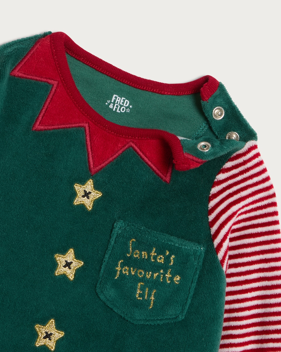 image 1 of F&F Baby 3-Piece Velour Santa's Favourite Elf Outfit in Green