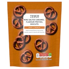 Tesco Mini Salted Caramel Flavour Chocolate Pretzels Biscuits 90g Pouch