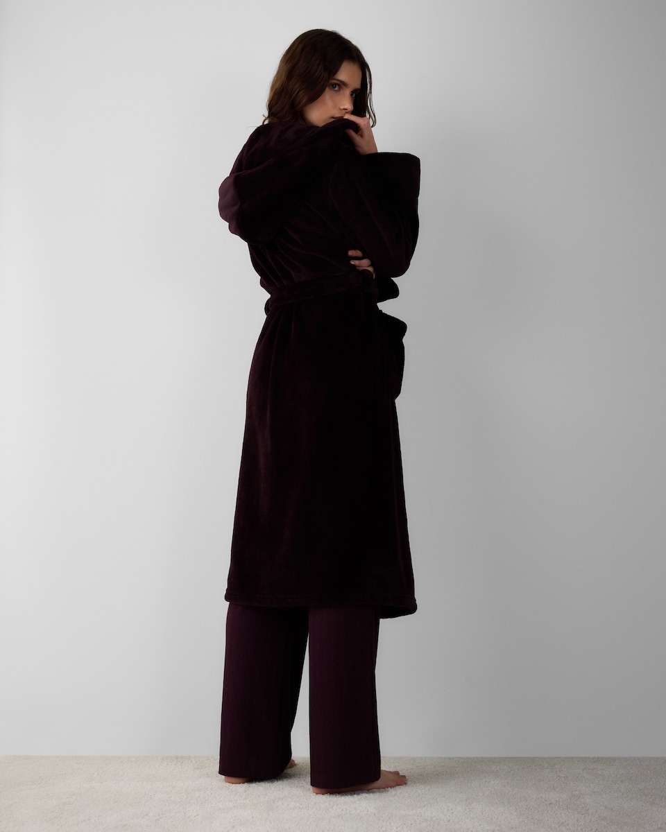image 1 of F&F Fleece Hooded Dressing Gown in Burgundy
