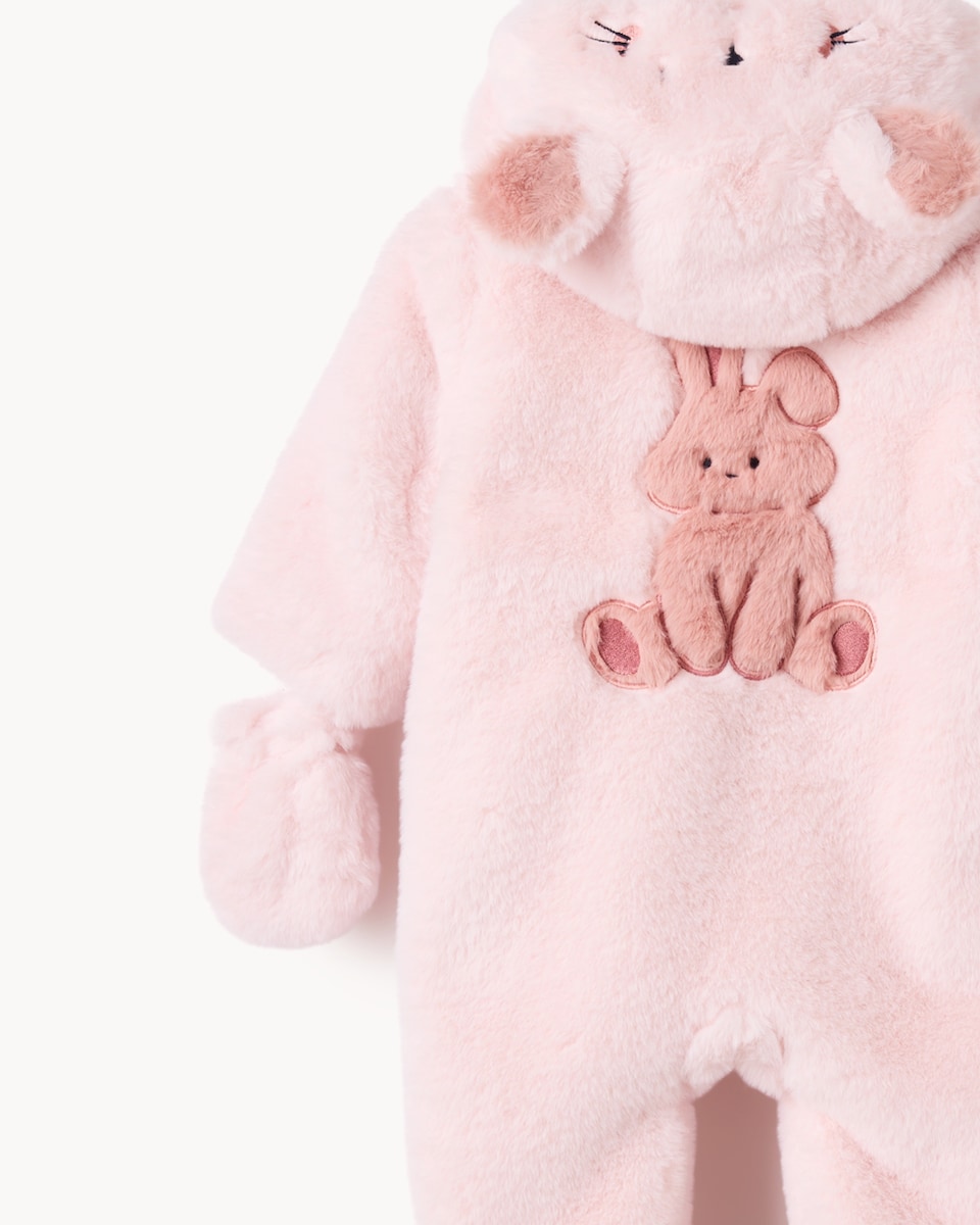 image 1 of F&F Baby Faux Fur Bunny Pramsuit in Pink