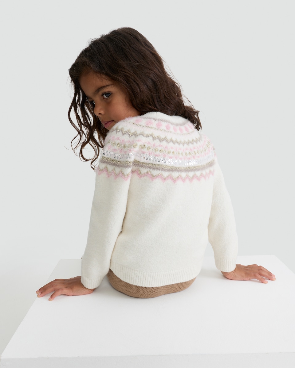 image 1 of F&F Girls Knitted Fair Isle Sequin Jumper in Cream