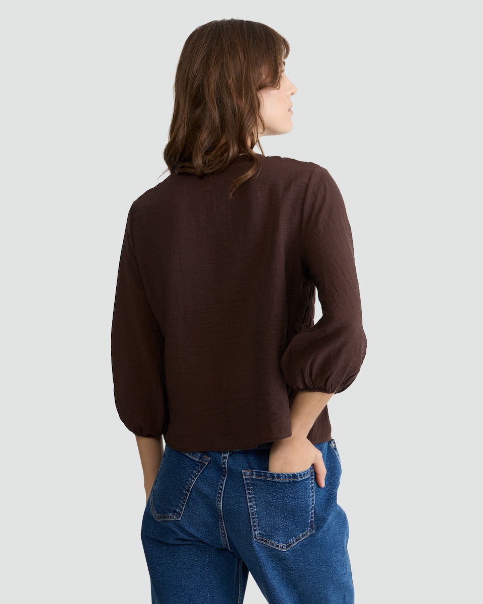 image 1 of F&F Textured Smocked Tie-Front Blouse in Brown