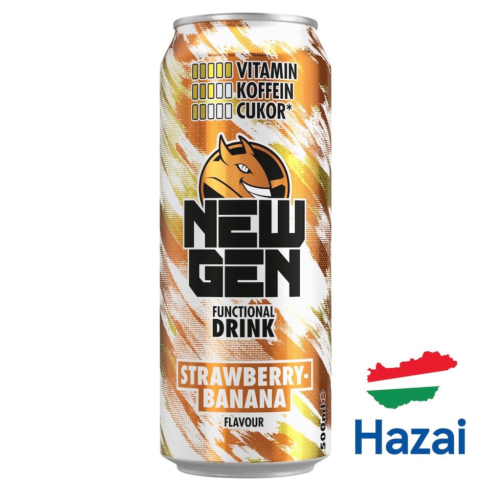 New Gen földieper- és banánízű, koffeintartalmú, szénsavas, alkoholmentes ital 500 ml 1. kép