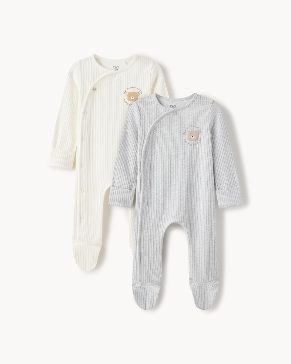 image 1 of F&F Baby 2-Pack Cotton Rich Bear Club Sleepsuits in White