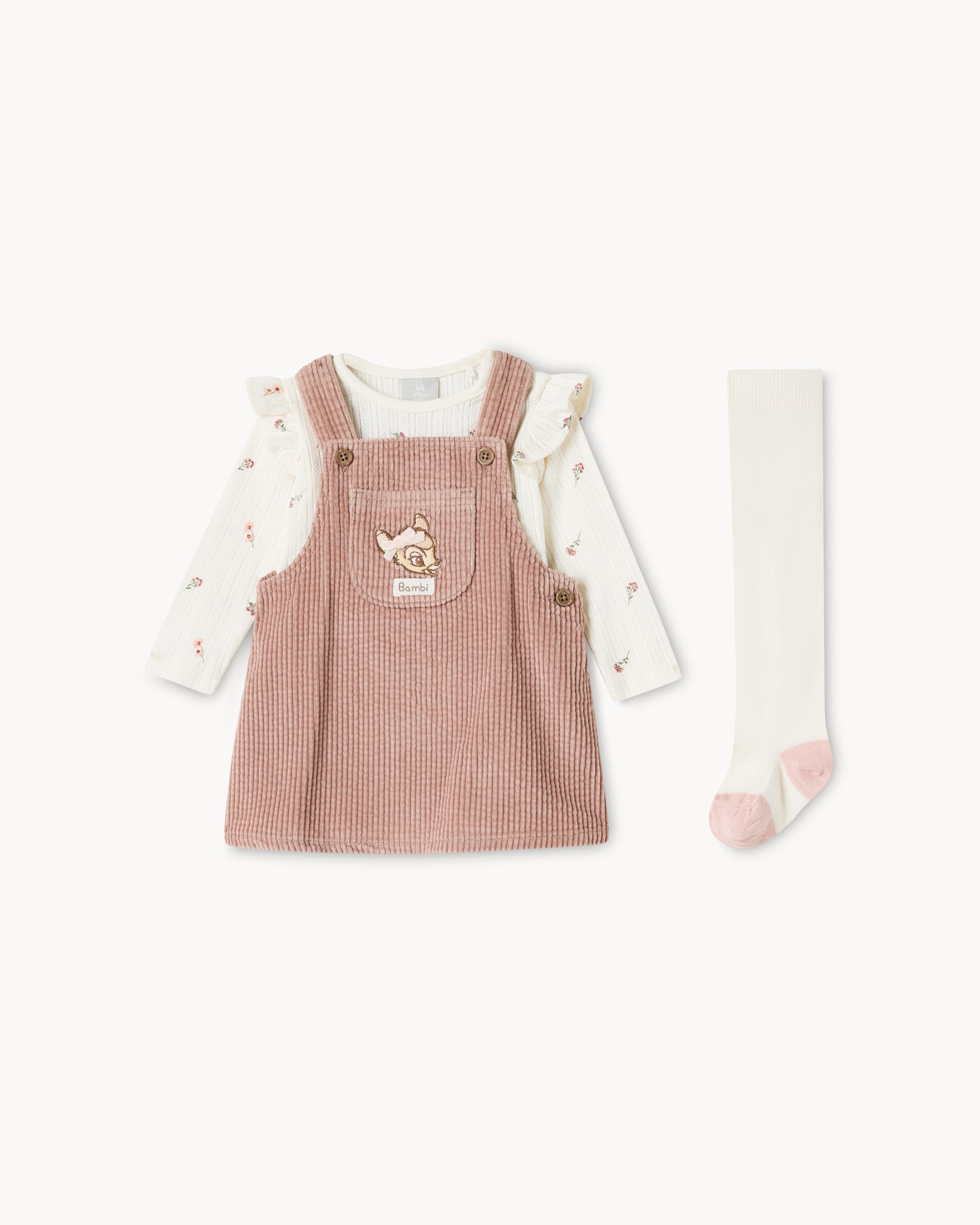 Disney Bambi Cotton Rich Corduroy Pinafore, Bodysuit and Tights Set in Pink