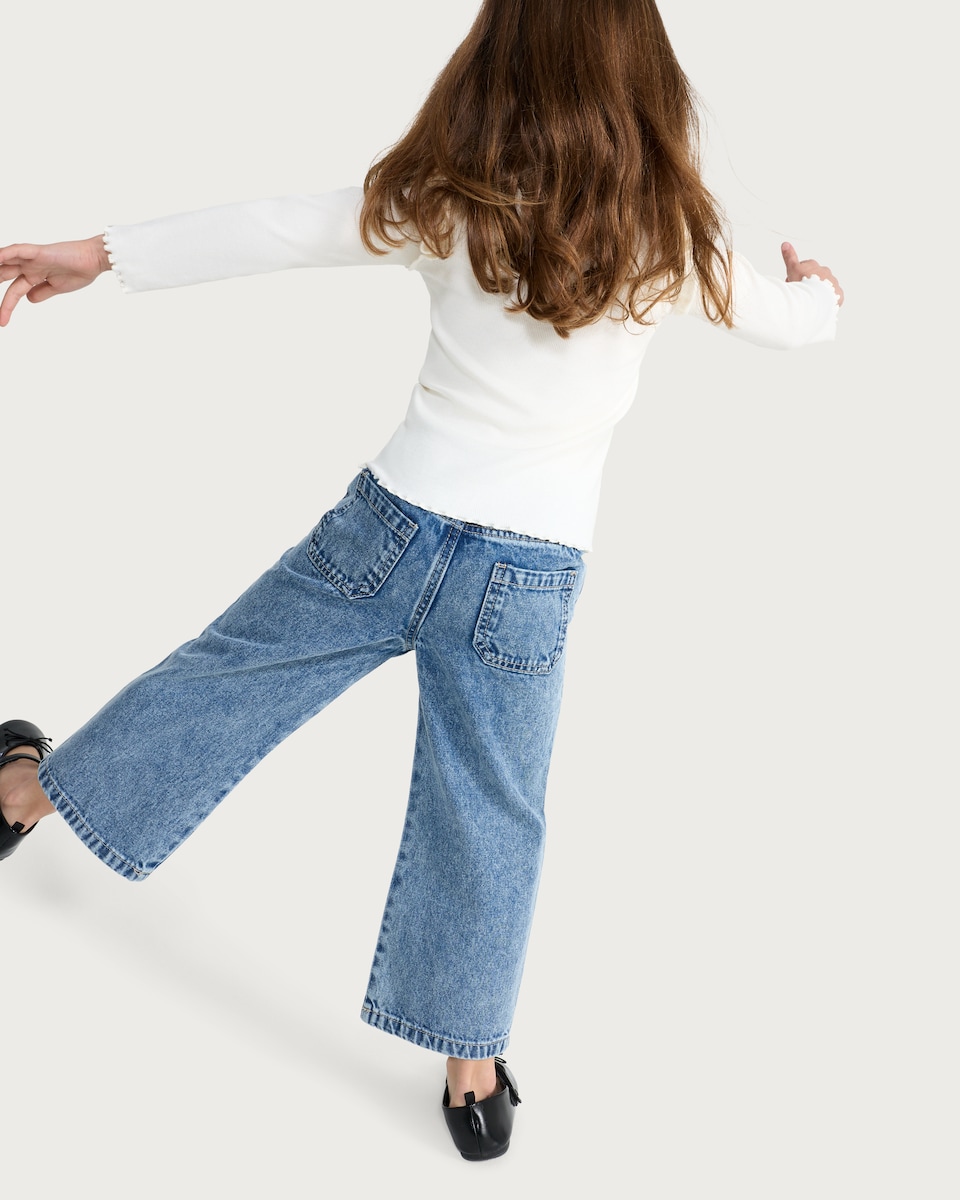 image 1 of F&F Girls Pure Cotton Heart Embroidered Wide Leg Jeans in Blue