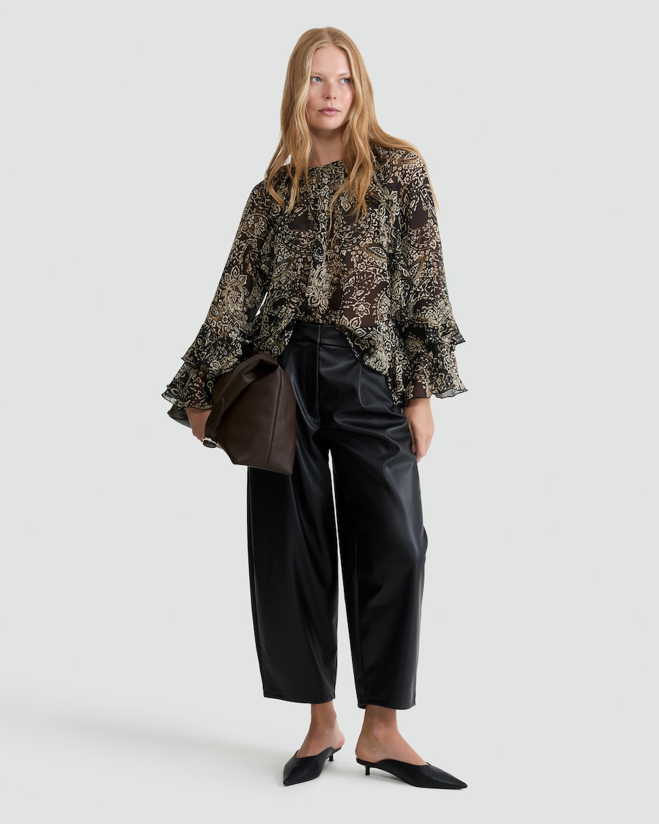 image 1 of F&F Paisley Print Ruffle Blouse in Multi Black White