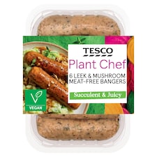 Tesco Plant Chef Meat-Free Bangers - 6 Leek & Mushroom 300g