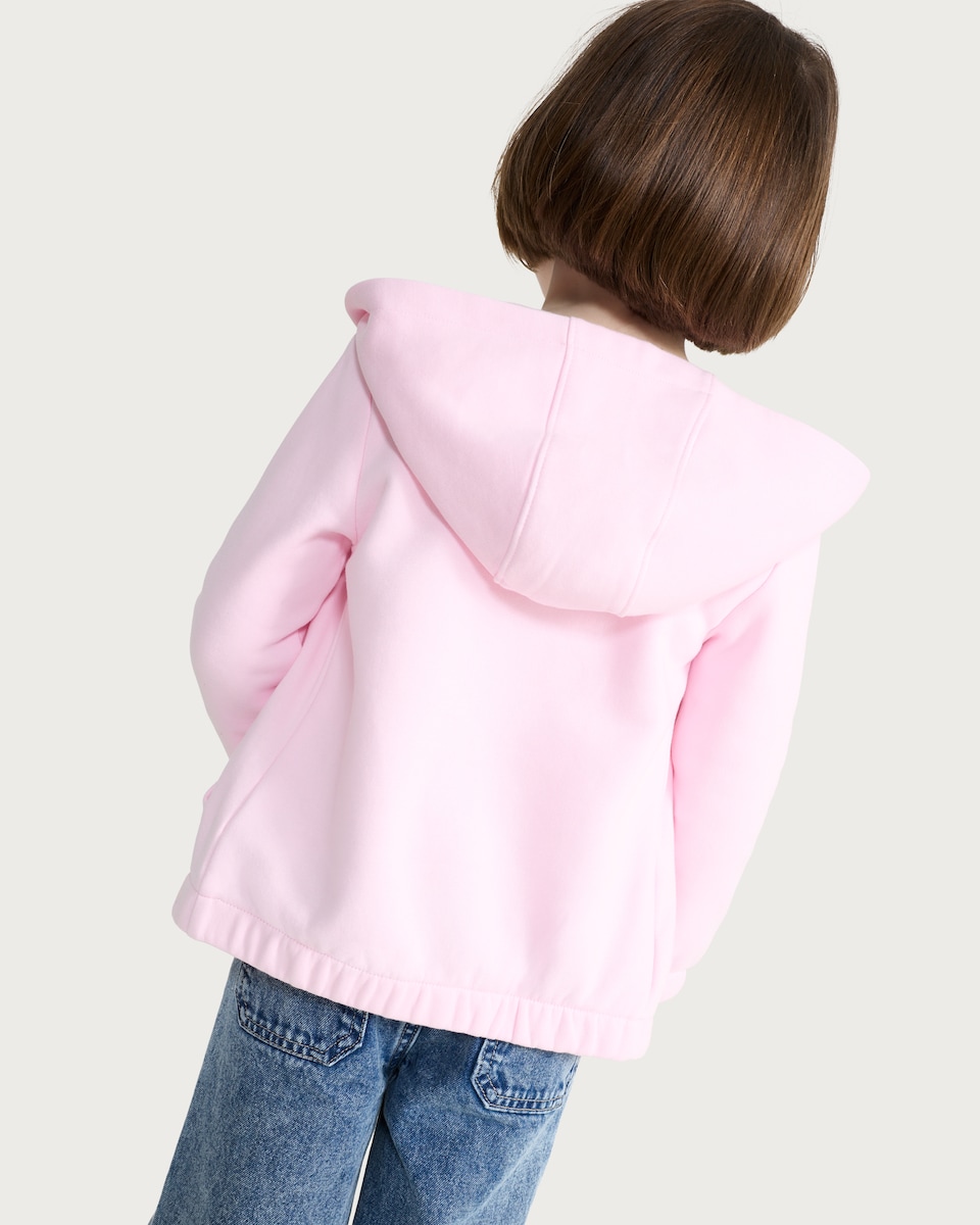 image 1 of F&F Girls Cotton Rich Embroidered Slogan Zip Up Hoodie in Pink