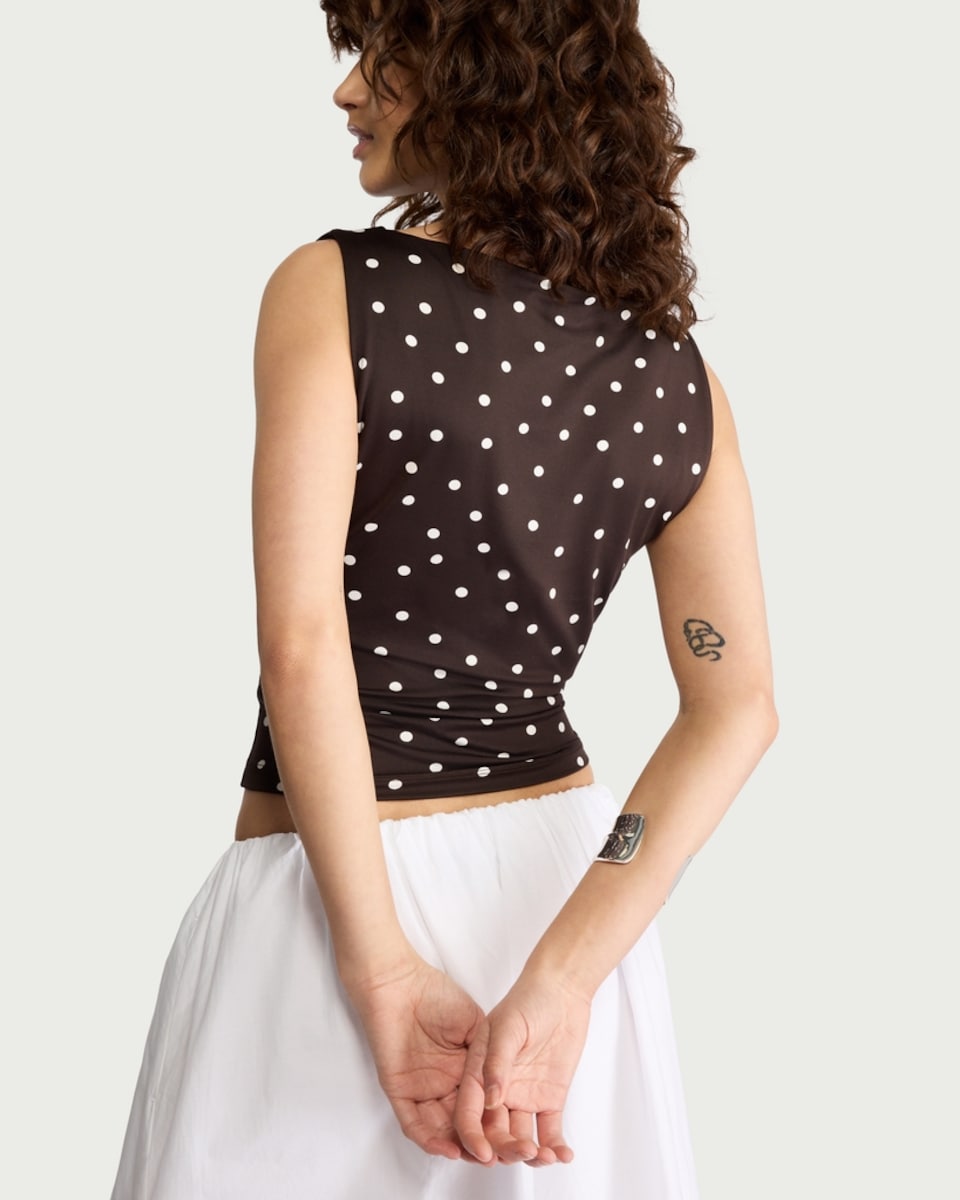 image 1 of F&F Polyamide Polka Dot Sleeveless Top in Brown