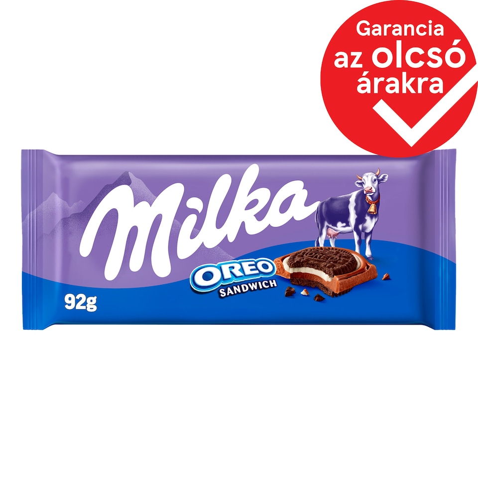 Milka Oreo Sandwich kakaós kekszek vaníliaízű, tejes krémtöltelékkel alpesi tejcsokoládén 92 g 1. kép