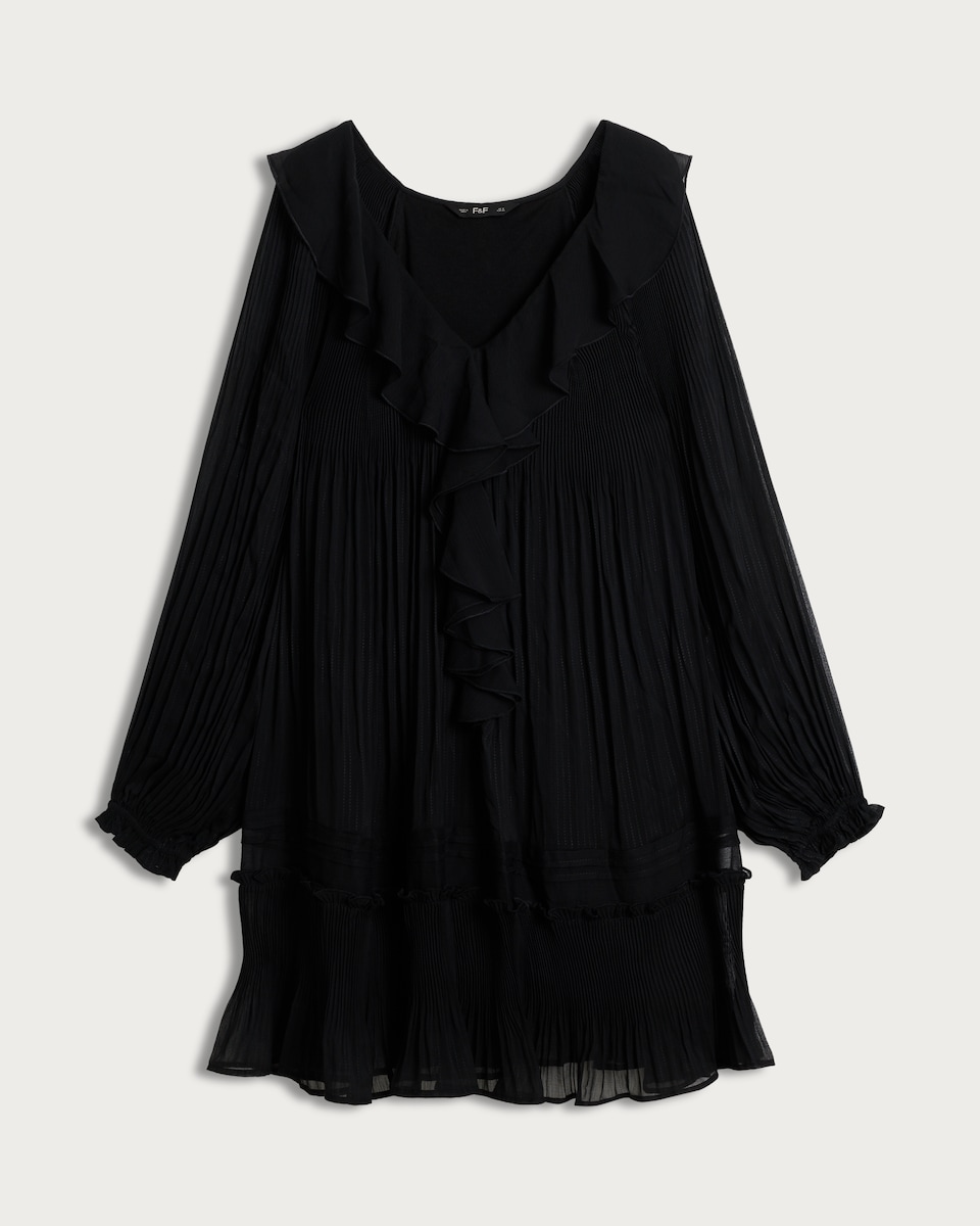 image 1 of F&F Chiffon Ruffled Pleated Mini Dress in Black