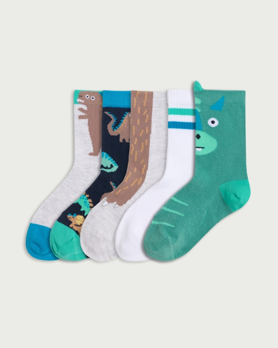 F&F Boys 5-Pack Cotton Blend Dinosaur and Animal Print Ankle Socks in Multi