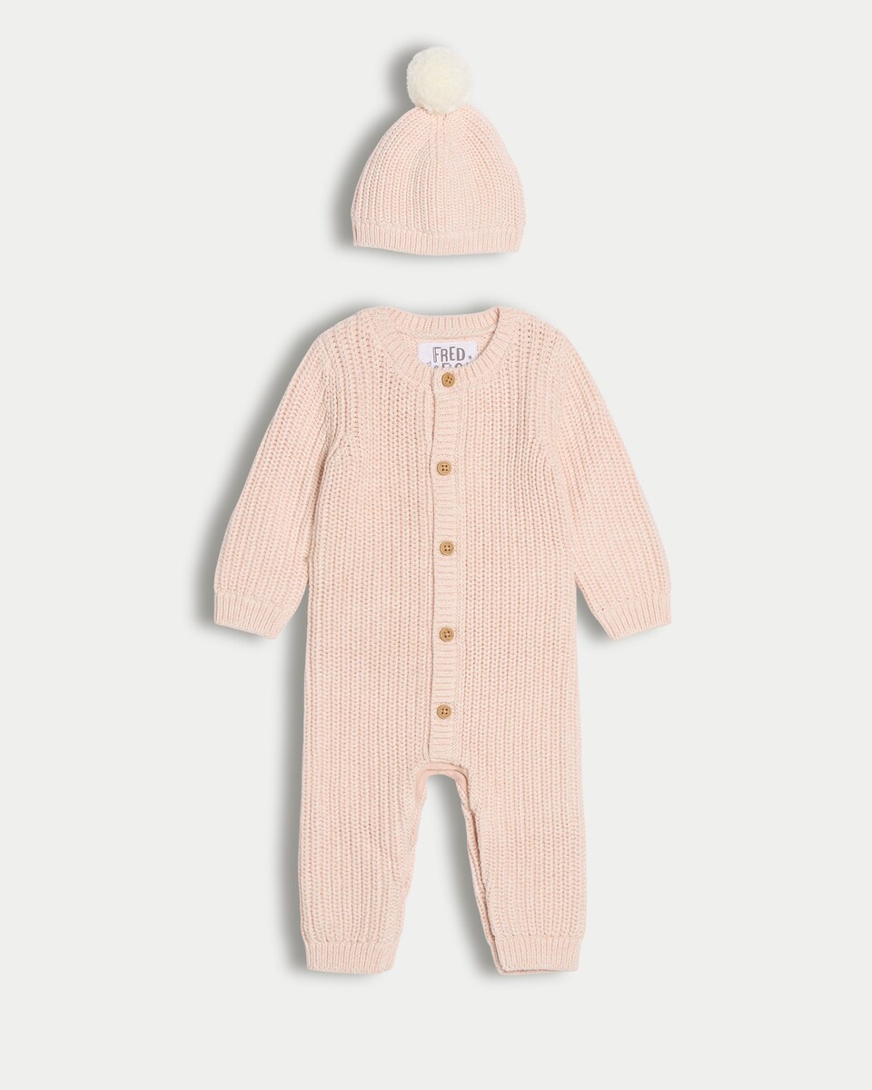 image 1 of F&F Baby 2-Piece Knitted Romper and Hat in Multi Pink