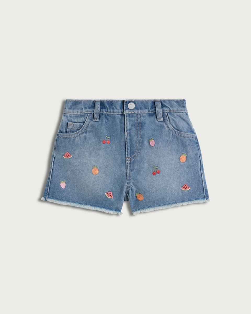 image 1 of F&F Girls Pure Cotton Embroidered Shorts in Blue