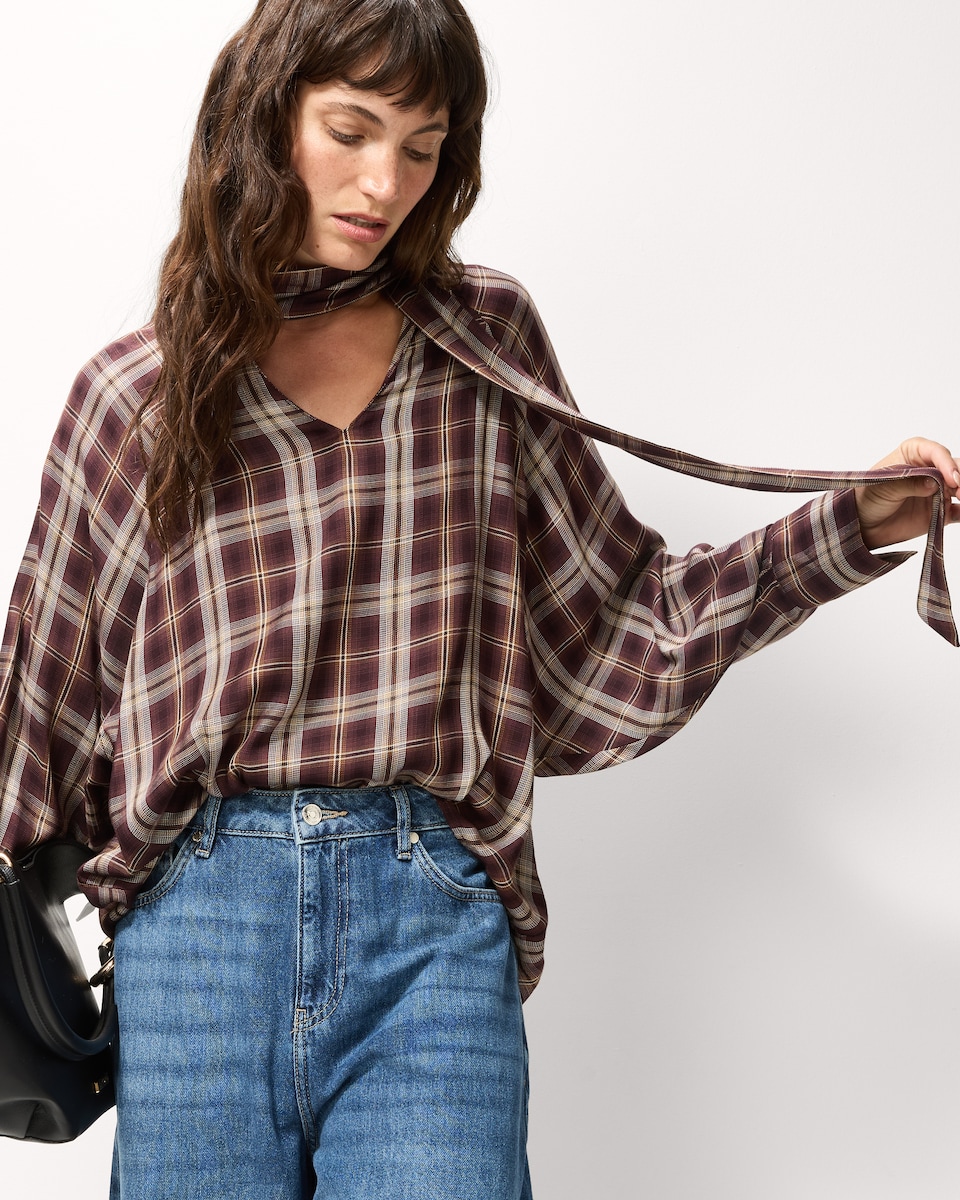 image 1 of F&F Checked Tie Neck Blouse in Multi Red