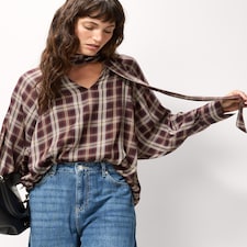 F&F Checked Tie Neck Blouse in Multi Red