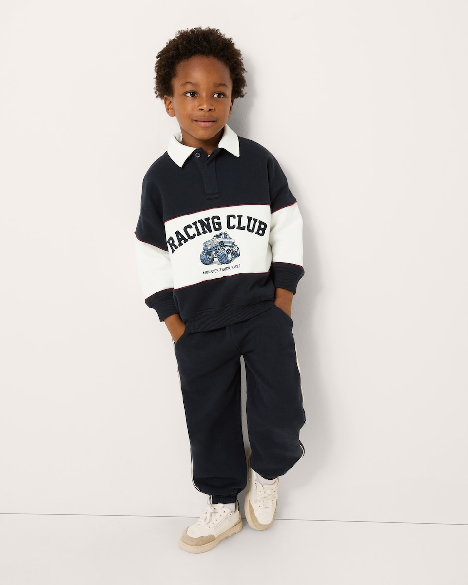 image 1 of F&F Boys Cotton Rich Racing Club Rugby Sweatshirt and Joggers Set in Navy