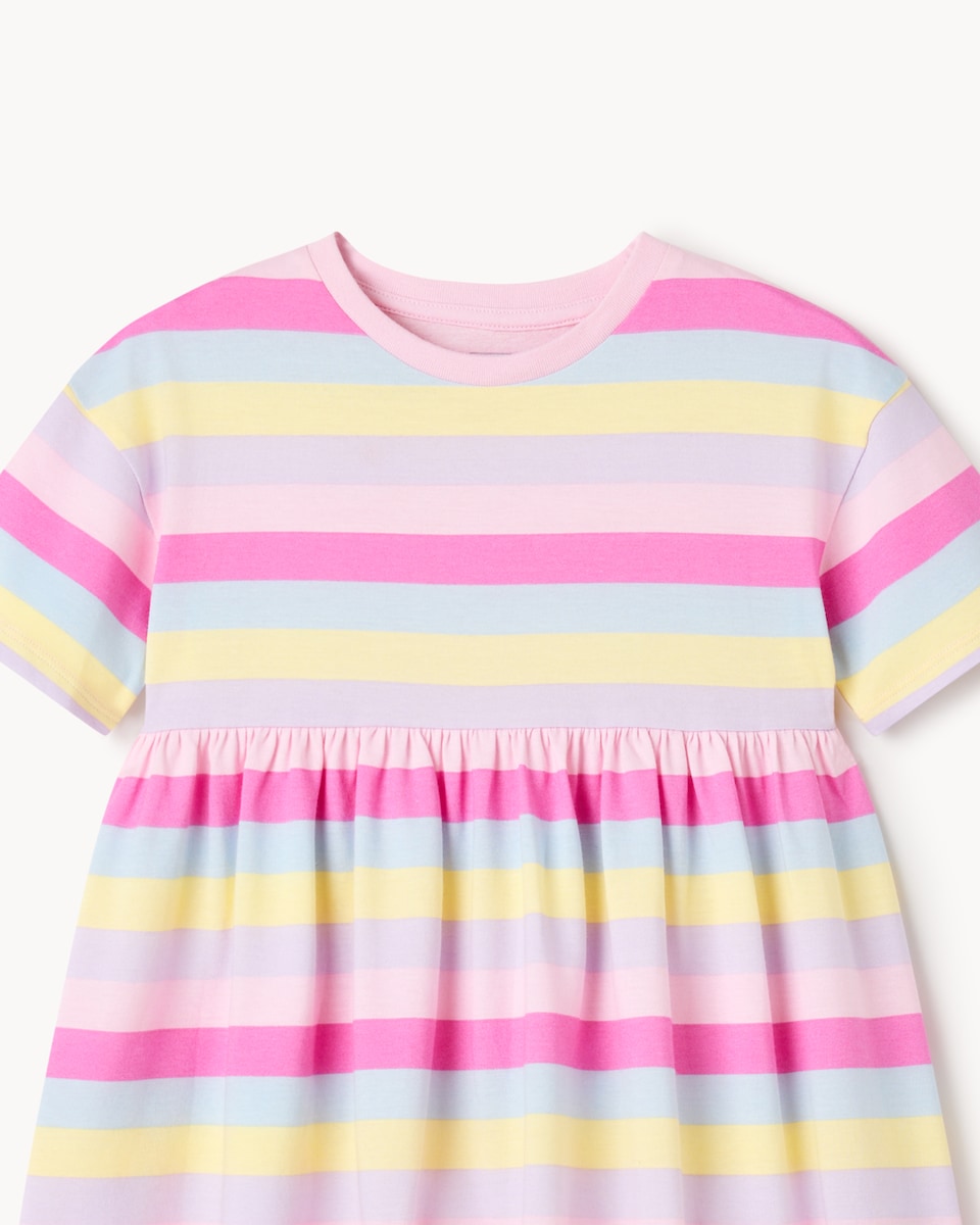 image 1 of F&F Girls Pure Cotton Rainbow Striped Dress in Multi Pink