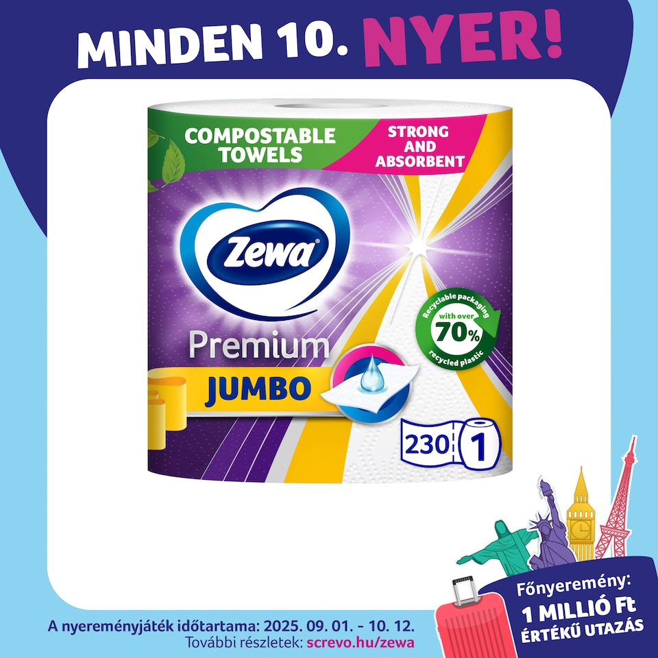 Zewa Premium Jumbo háztartási papírtörlő 3 rétegű 1 tekercs 1. kép