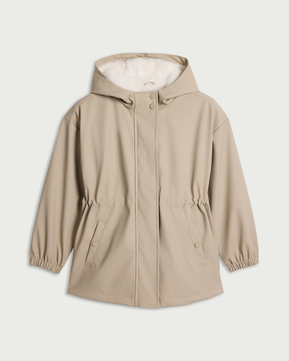 image 1 of F&F Girls Cinched Waist Hooded Raincoat in Neutral