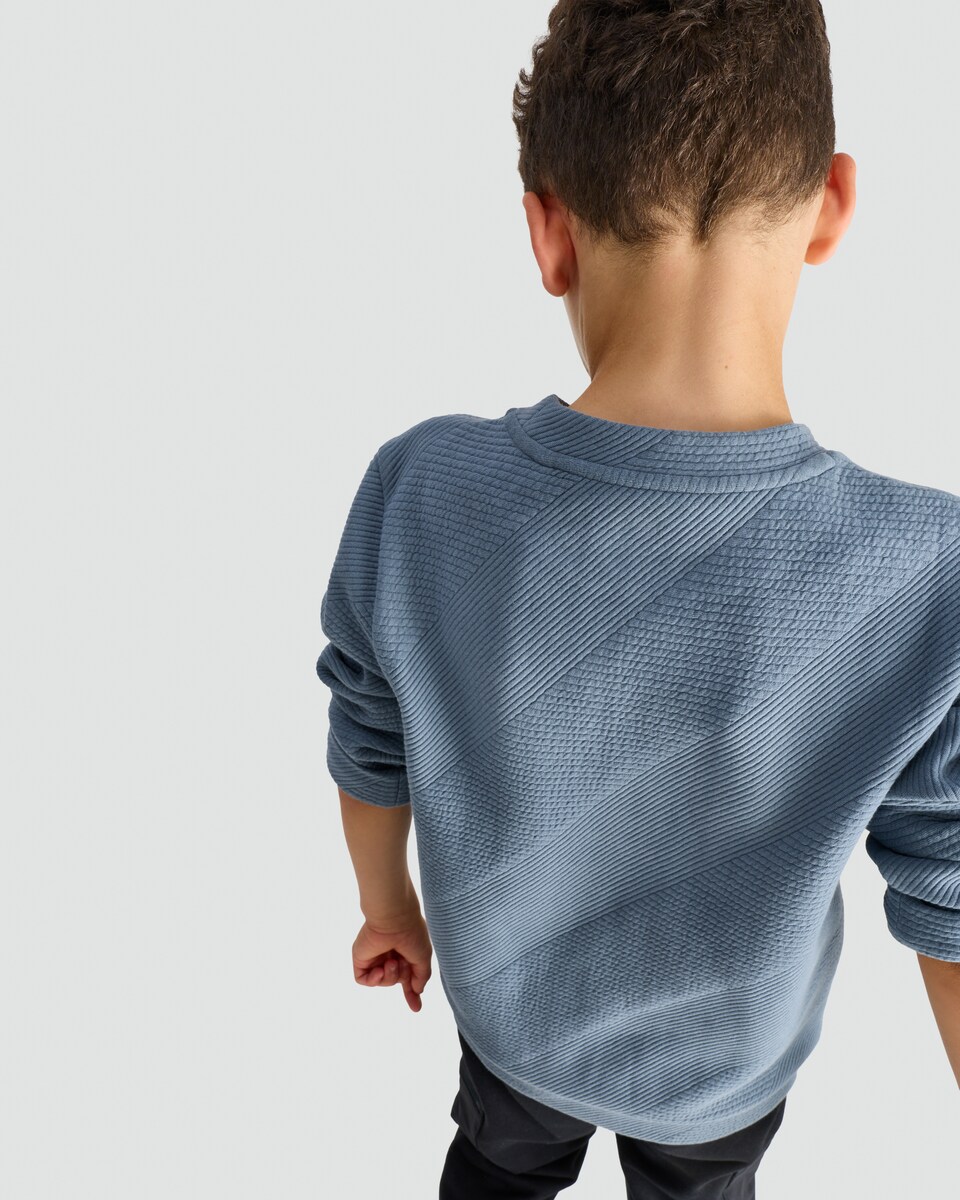 image 1 of F&F Boys Cotton Blend Textured Crew Neck Sweatshirt in Blue