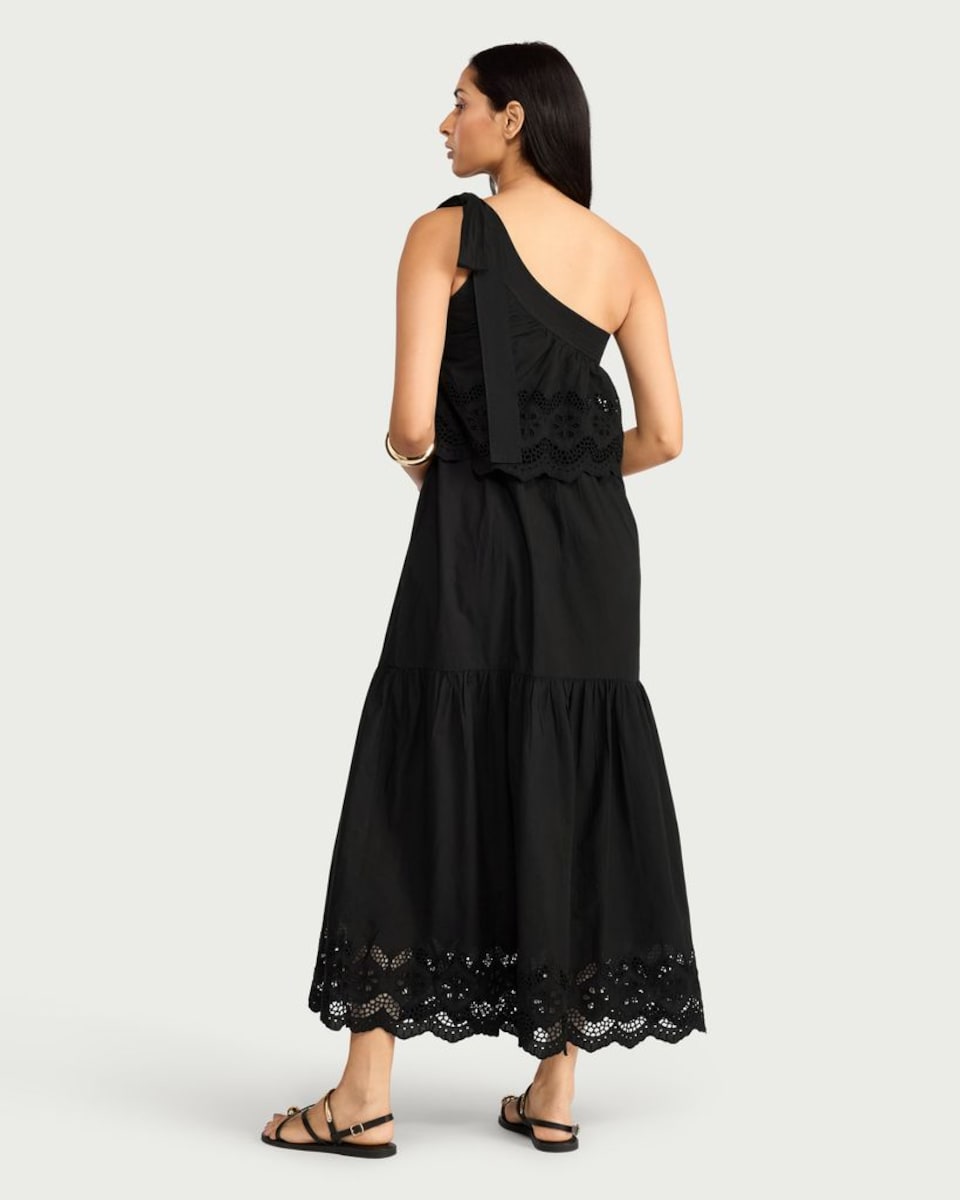 image 1 of The F&F Edit Pure Cotton Embroidered One Shoulder Maxi Dress in Black
