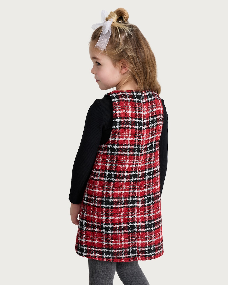 image 1 of F&F Girls 2-Piece Tartan Pinafore Dress and Top Set in Red