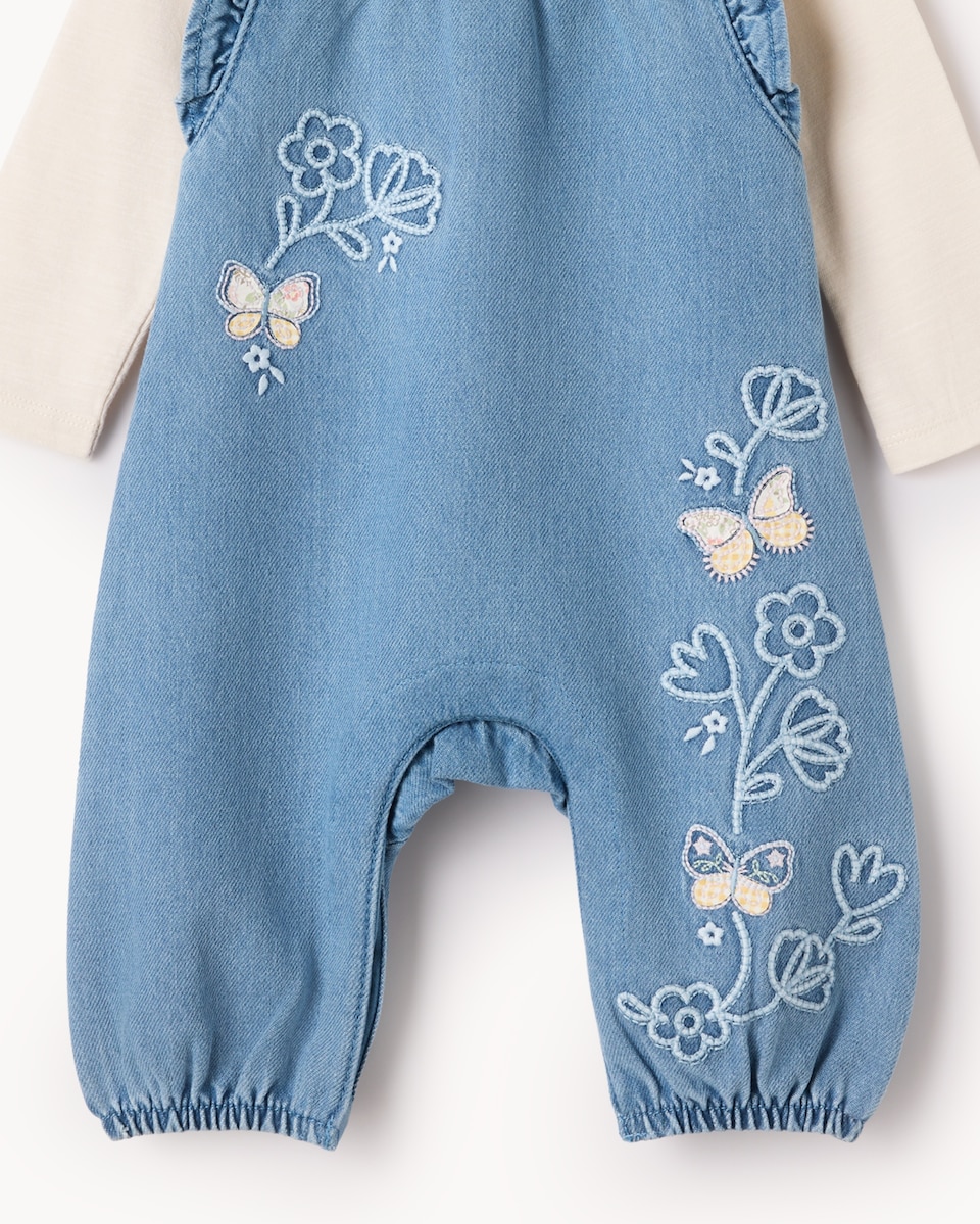 image 1 of F&F Baby 2-Piece Pure Cotton Embroidered Denim Dungaree and Bodysuit Set in Blue